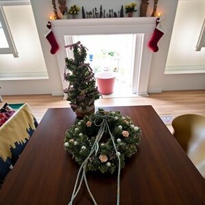Vintage Handmade Christmas Tree and Wreath Pearls Pink Roses